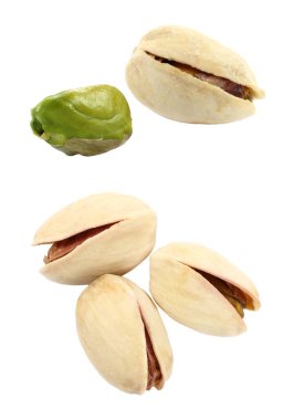 Şeffaf bir arkaplan üzerinde izole edilmiş Pistachios seti, üst görünüm