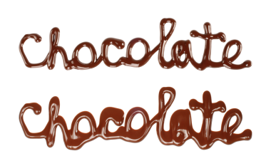 Şeffaf arkaplanda izole edilmiş, sıvı çikolatadan yapılmış çikolata sözcükler. 