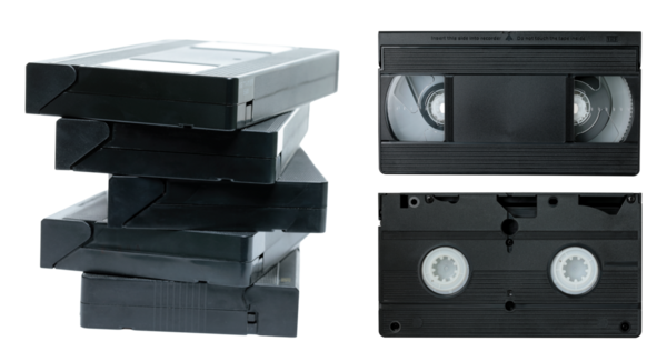 Eski analog video kasetleri seti, şeffaf arkaplanda izole edilmiş, geçmişe dönük şeyler kavramı