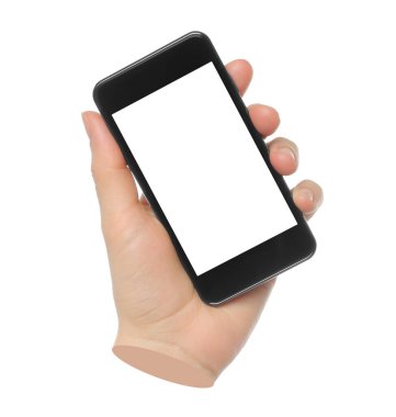 Şeffaf bir arkaplanda el ele tutuşan akıllı telefon. Çağdaş sanat