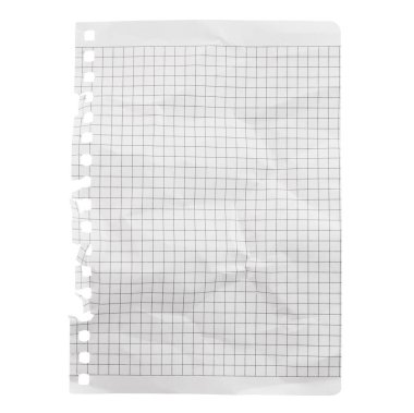 Saydam bir arka planda izole edilmiş, buruşmuş bir not defteri kağıdı. Ofis içi boş kağıt kavramı