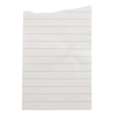 Saydam bir arkaplanda izole edilmiş yırtık bir not defteri kağıdı. Ofis içi boş kağıt kavramı