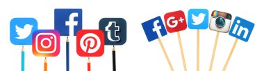 Concept of Popular Social Media paper icons, such Facebook, Pinterest, Tumblr, Instagram, Twitter, with color pencils and wooden sticks, isolated on a transparent background
