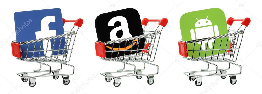 Set of Facebook, Amazon and Android paper icons in shopping cart, isolated on a transparent background. Shopping and Business in popular online platforms concepts