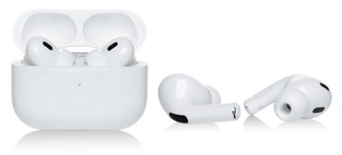 Set of Headphones Apple Air Pods Pro 2 with Wireless Charging Case, isolated on a transparent background. AirPods are wireless Bluetooth earbuds designed by Apple Inc