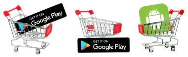 Google Play kağıt simgelerine sahip şeffaf bir arkaplanda izole alışveriş arabaları seti. Google Oyun uygulamalarının kavramları