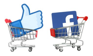 Kağıt Facebook 'lu alışveriş arabaları ve şeffaf bir arkaplanda izole edilmiş logolar. Sosyal medya platformlarında iş ve alışveriş kavramları