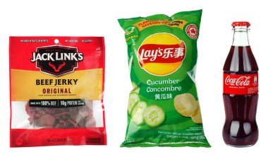Set of Jack Links Beef Jerky, Lays China potato chips snacks packages and Coca-Cola bottle, isolated on a transparent background