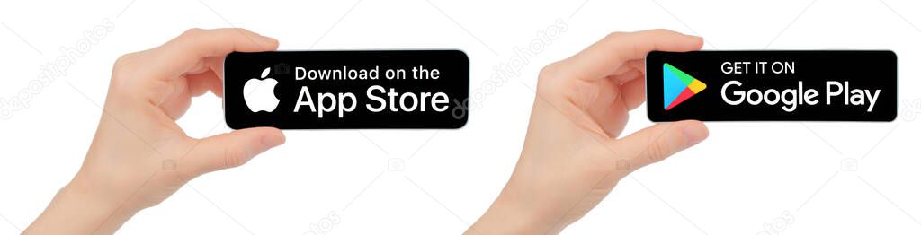 Set of Hands, which holding paper Download the App Store black button and Get it on Google Play black button, isolated on a transparent background