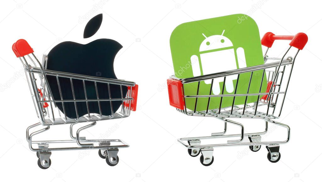Set of Shopping Carts with Google Play and App Store paper icons, isolated on a transparent background. Concepts of shopping in popular online apps shops