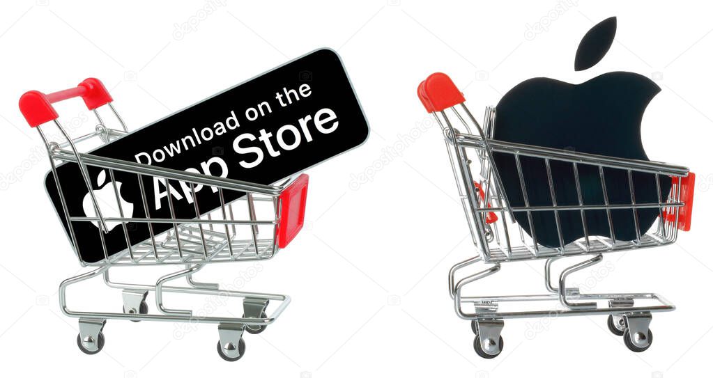 Set of Shopping Carts with App Store paper icons, isolated on a transparent background. Concepts of shopping apps in App Store