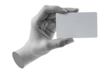 Elinde boş bir kartvizit var, şeffaf bir arka planda izole edilmiş, iş konsepti. Çağdaş sanat tasarımı