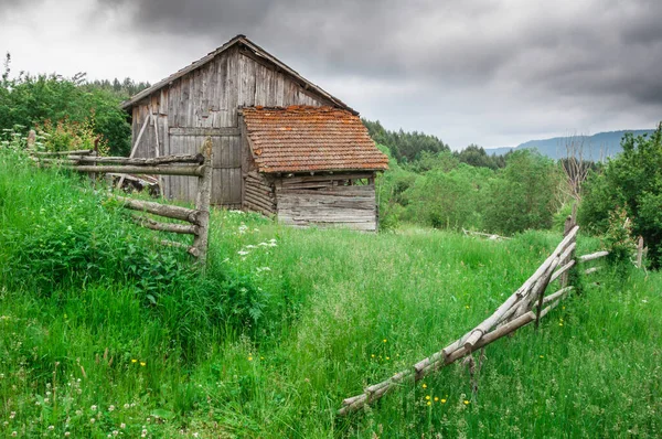 Old Wooden House Wooden Fence Green Meadow Stock Photo