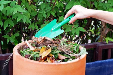 Yeşil kürekli kadın, organik gübre hazırlıyor, yakın plan. 