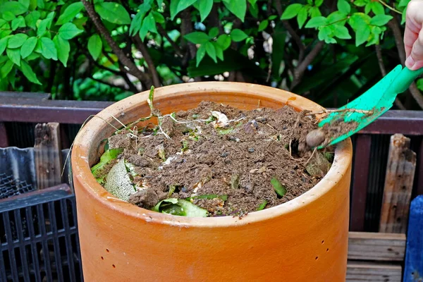 Yeşil kürekli kadın, organik gübre hazırlıyor, yakın plan. 