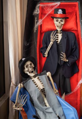 Kostümlü iki insan iskeleti ürkütücü bir Cadılar Bayramı sahnesini tasvir ediyor. Cadılar Bayramı süslemeleri, ürkütücü temalar ve tatil gösterileri için mükemmel..