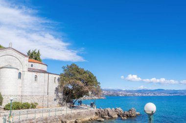 Opatija, Croatia - March 24, 2024: Seaside Resort of Opatija, Istria, beautiful Adriatic coast, riviera on Kvarner, popular beach and scenic tourist resorts clipart