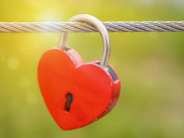 Aşk ve kalp kilidi. Kırmızı kalp şeklinde, yeşil arka plana odaklı, güneş ışınları ve bokeh şeklinde bir aşk kilidi. Aşkın ve sadakatin sembolü. Sevgililer Günü için kavramsal görüntü