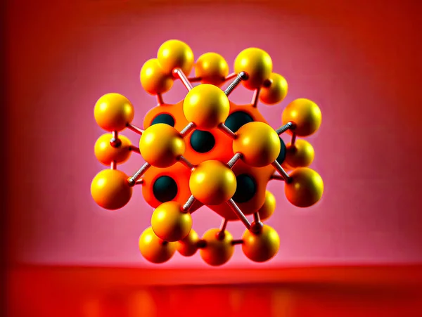 Molecular model of the atom. 3D illustration. Red background.