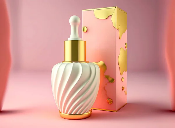 Perfume bottle in pink and gold background. 3d rendering