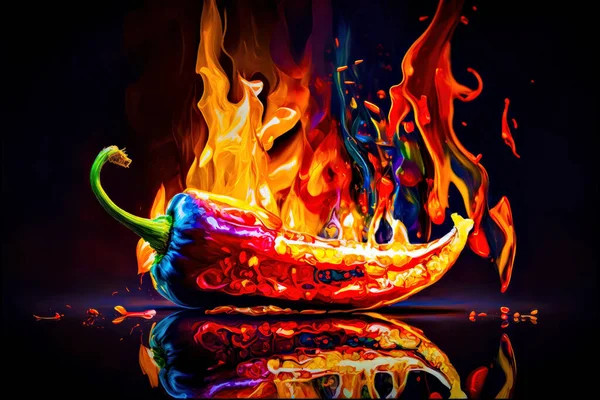 Red hot chili pepper in fire flames on a black background with reflection