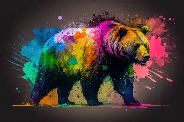 Colorful paint splashes and bear illustration. Abstract colorful background.