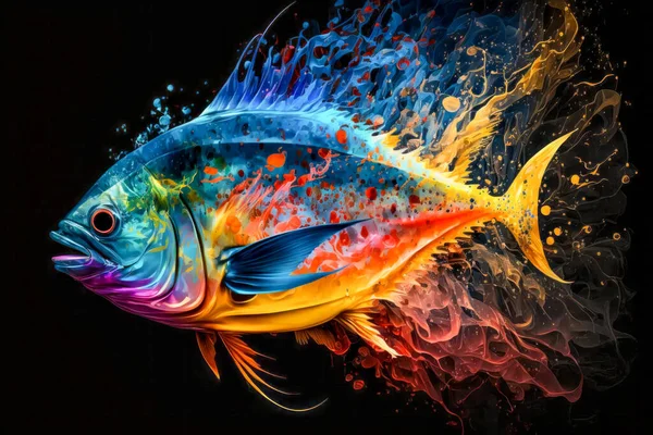 Colorful fish on black background. Colorful watercolor painting.