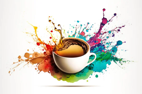 Cup of coffee with colorful splashes and drops on white background