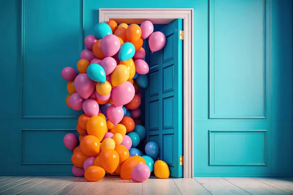 colorful balloons in the form of a frame on a blue background.