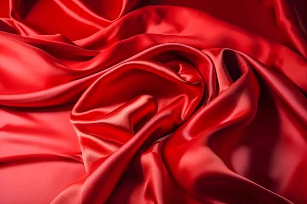 Red satin background. Close up of rippled red silk fabric.