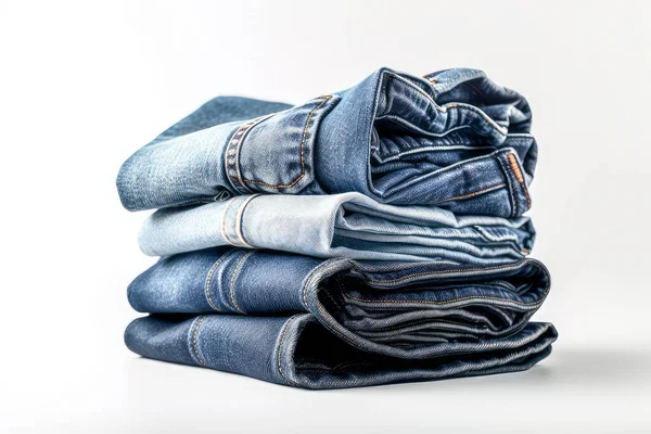 Stack of jeans on white background.