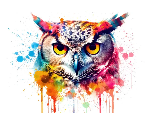 Colorful abstract portrait of an owl with paint splashes on white background, illustration of a cute owl with a eyes