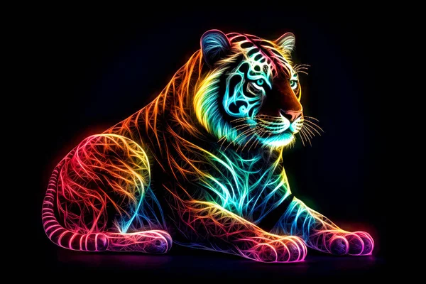 Tiger in neon light on a black background.