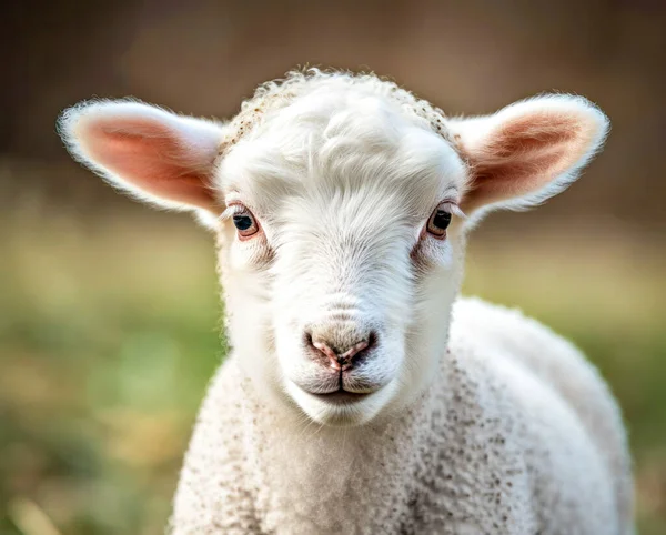 Portrait of a cute lamb in the meadow, close up