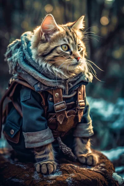 Cute Maine Coon cat in a hat and scarf outdoors in winter.