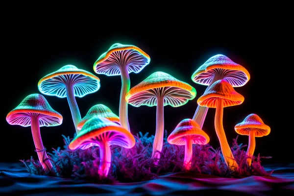 Mushrooms on a dark background. Psychedelic hallucination.