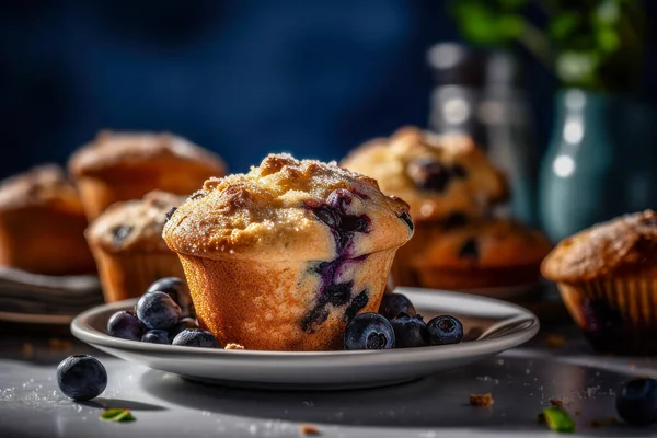 Blueberry muffins with fresh blueberries.