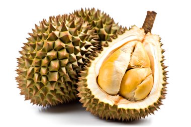 Beyaz arkaplanda Durian meyvesi (meyvelerin kralı))