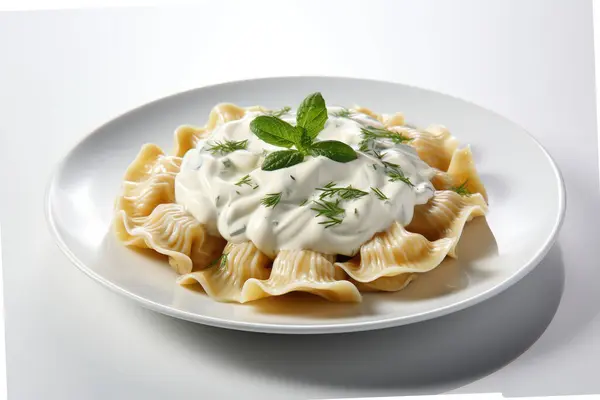 Beyaz arka planda beyaz bir tabakta krema soslu Farfalle makarna.