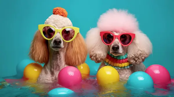 Güneş gözlüklü iki kaniş köpeği renkli balonlarla havuzda yüzüyor. Mutlu yıllar.