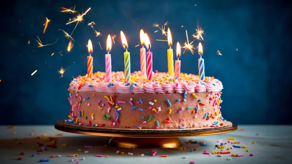 Birthday cake with burning candles on blue background. happy birthday images