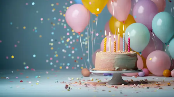 Mumlu doğum günü pastası, balonlar ve gri arka planda konfeti.