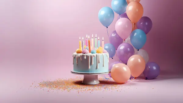 Pembe arka planda doğum günü pastası ve balonlar.