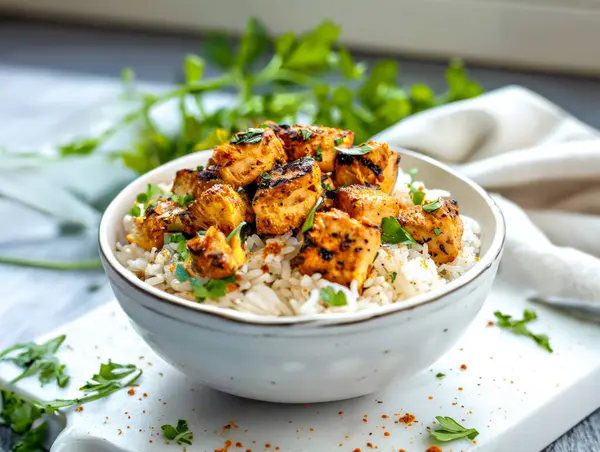 Rice Chicken Chickpeas Chicken Breast Served Herbs Healthy Meal — стоковое фото