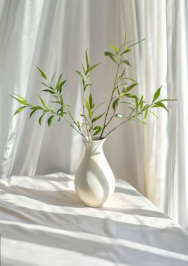 Pencerenin kenarında beyaz okaliptüs vazosu