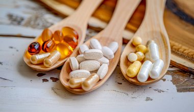 Ahşap bir arka planda tahta kaşıklarda haplar ve kapsüller.