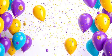 beyaz arkaplanda konfeti ve flamalar olan balonlar kopyalama alanı ile