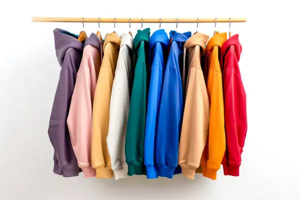 Gardıropta beyaz arka planda farklı renkte kıyafetler..