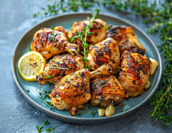 Izgara tavuk budu, sebze ve baharatlı bir tabak..