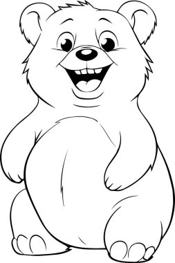 Yerde oturan gülümseyen küçük ayının vektör karikatür çizimi. Boyama sayfası izole edildi. Çocuklar için kitap - Kitap sayfası, çocuklar için boyama kitabı ve